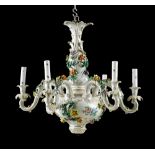 PORCELAIN CHANDELIER, Dresden, 20th century. Polychrome painted with flowers and leaves. 6 curved