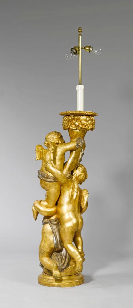 CANDELABRA WITH FIGURES, Baroque style, Italy, 19th century. Wood, carved with 3 angels holding a - Image 4 of 4