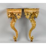 PAIR OF CORNER CONSOLES, Napoleon III, in the style of Louis XV. Wood, carved with flowers, leaves