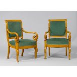 PAIR OF FAUTEUILS, Restoration, France ca. 1820/30. Beech. Padded seat and backrest. Curved