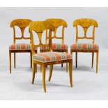 SUITE OF 6 CHAIRS, Biedermeier. Walnut, cherry and burlwood. Padded seat. Pierced backrest.    FOLGE