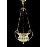 CEILING LAMP, Restoration style. Brass and glass. Bowl-shaped lamp with 3 volute branches, suspended