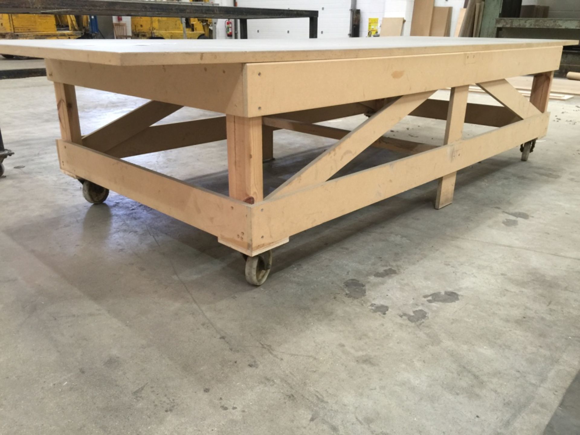 Fabricated Woodworking Bench on Wheels. 3m x 1.2m - Image 4 of 7