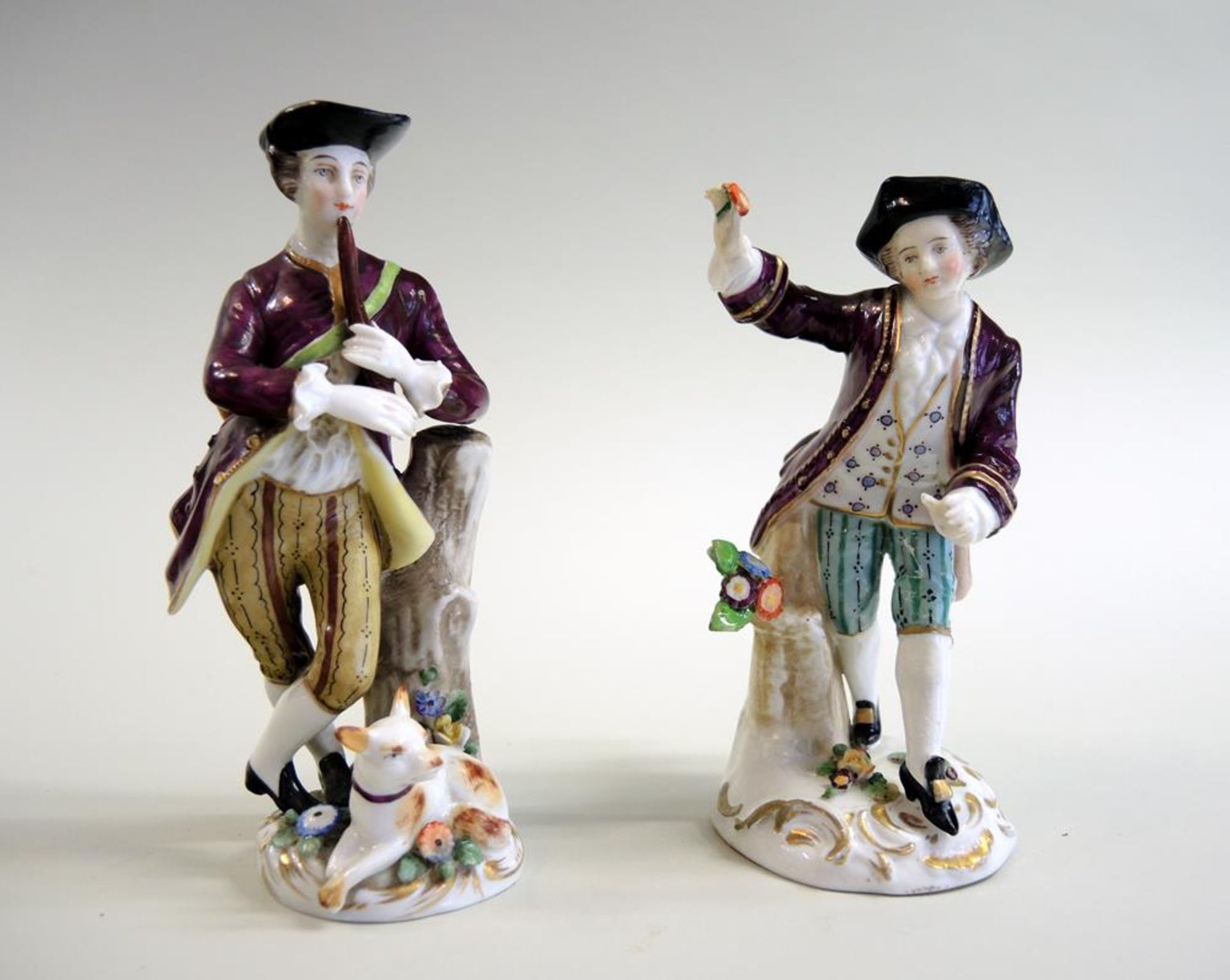 Zwei Porzellan Figuren, Rokoko HöflingeZwei Porzellan Figuren, Höchst und Volkstedt-Rudolstadt,