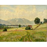 Schraudolph, Robert  München um 1930-40.  "Heuernte in den Voralpen". Öl/Lwd. Blühenden Wiesen