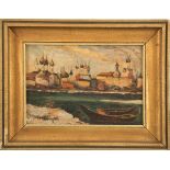 Russischer Maler des. 20. Jhs.  "Silhouette einer Stadt am Fluss". Öl/Karton. Verso Reste eines