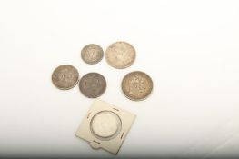 6  Münzen -Sammlerstücke  1 Dollar,  Preußen 5 Mark 1876,  Sieges Thaler, Preußen 1871, Sachsen 3