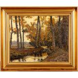 Hille, Leo  Münchener Maler "Herbstliche Waldlandschaft mit Bachlauf"    Öl/Lwd auf Karton. Schöne