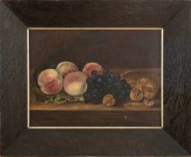 Strüwe, A.  "Früchtestilleben". Öl/Lwd.  Pfirsiche, blaue Trauben und Nüsse werden auf einem Tisch