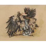 Holleritt, E.  "Adelswappen" Gouache auf Papier.  Wappenschild mit Adler von zwei Adlern getragen.