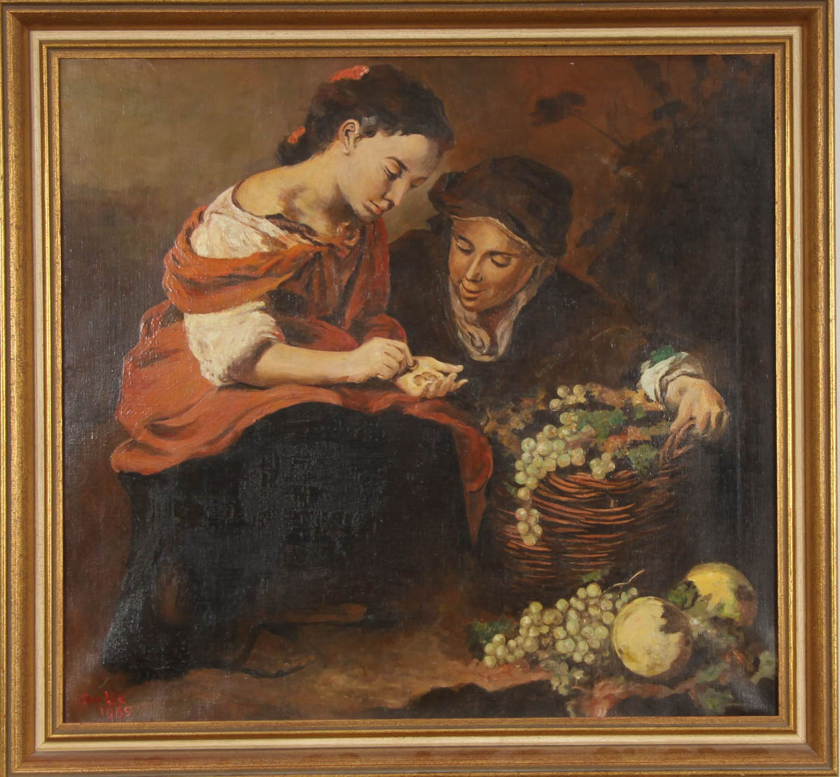 CeLie  Kopie nach Murillo"Vendedores de fruta". Öl/Lwd. Ein junger Mann und eine junge Frau mit