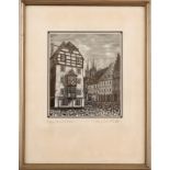 Radierer  " Eger, Das Stöckel"  Auf dem Passepartout bez.  "Orig.Schabblatt"     19 x 16,5 cm.