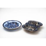 Doppelblattschale und Teller, Villeroy & Boch  Keramik unter der Glasur blau mit Fasanen und