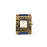 Kleine Reiseuhr, Cartier Paris  Messing. Flache rechteckige Form,  zweiseitig blau lackierte