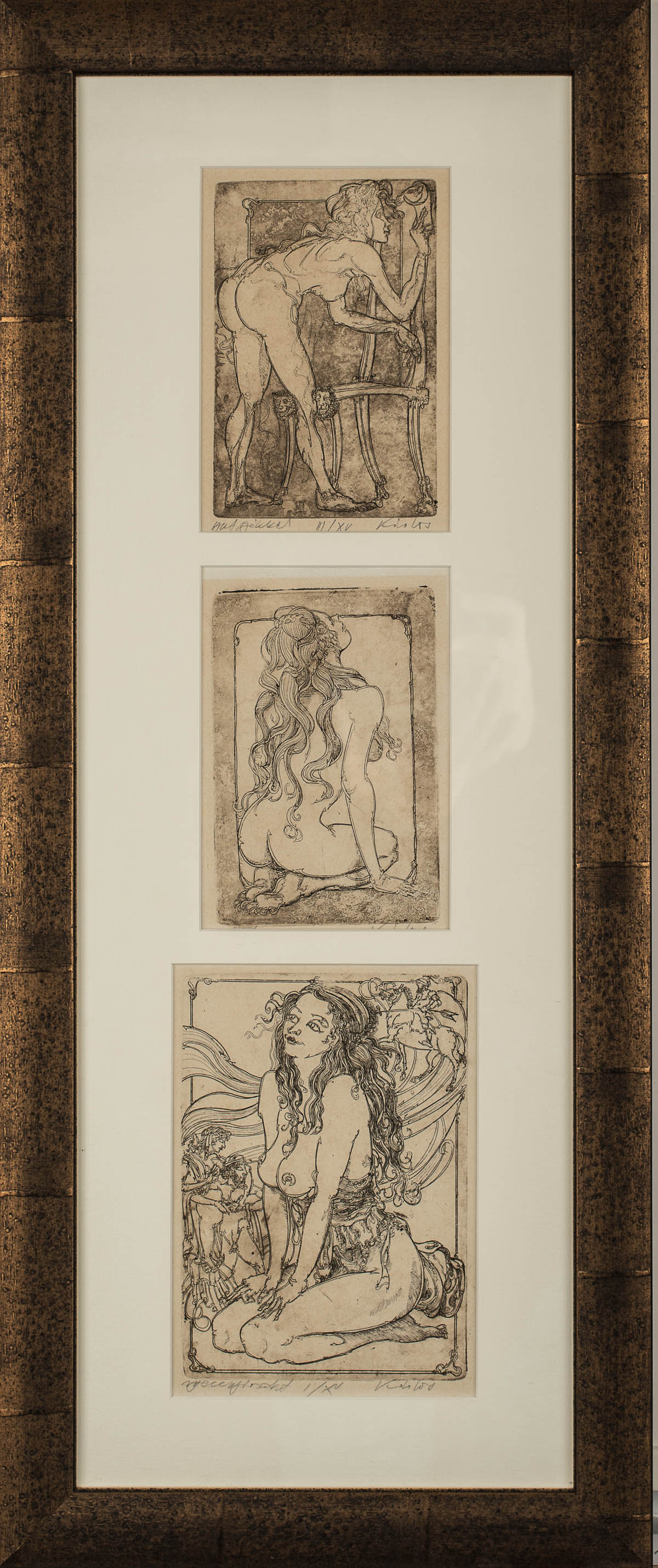 Kisker  Drei weibliche Akte in verschiedenen Posen. Radierung. Plattengr.:  15 x 10 cm, bzw.  18 x