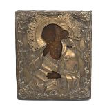 Ikone  Christus Pantokrator, Russland 19. Jh.  Ei-Tempera auf Holz, Messing-Oklad, reliefiert.