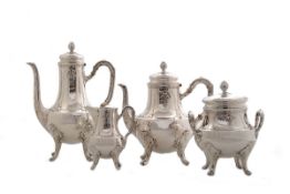 4-teiliges Kaffee-Teeset, Frankreich 1838-1879  950er Silber.  Bestehend aus Kaffeekanne,