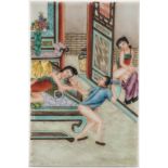 Bildplatte mit erotischer Szene, Indien Porzellan, polychrom bemalt.  18 x 12 cm.