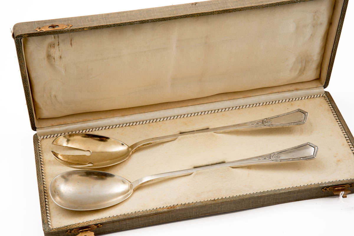 Salatbesteck,  Wilhelm Binder, Gmünd, um 1900 800er Silber, Laffen vergoldet.  Ovale Laffen,