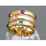 Damenring18 kt. Gelbgold, 5 Saphire, 4 Smaragde, 5 Brillanten, 1 Stein fehlt, RM  47, ca. 16 g