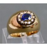 Damenring14 kt. Gelbgold, 1 blauer Stein, Perlbesatz, minim. besch., RM 46, ca.  8 g schwer,