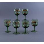 Reserve: 20 EUR        SET VON SECHS GLÄSER Grünglas, handbemalt, sechs kleine Gläser mit lieblichen