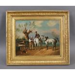 Reserve: 800 EUR        BIEDERMEIER GEMÄLDE um 1820, Öl/LWD, Darstellung eines Reiters mit zwei