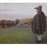 Reserve: 400 EUR        DER SCHAFHIRTE Öl/Malkarton, Darstellung eines Hirten mit seiner Schafherde,