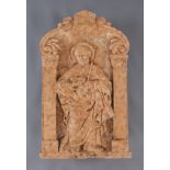 Reserve: 1300 EUR        HEILIGER PETRUS 18./19. JH, Relief des Heiligen aus rotem Marmor, H 93 x