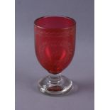 Reserve: 150 EUR        BIEDERMEIER GLAS 19. JH, rotes Glas, auf Korpus bezeichnet, H 15 x