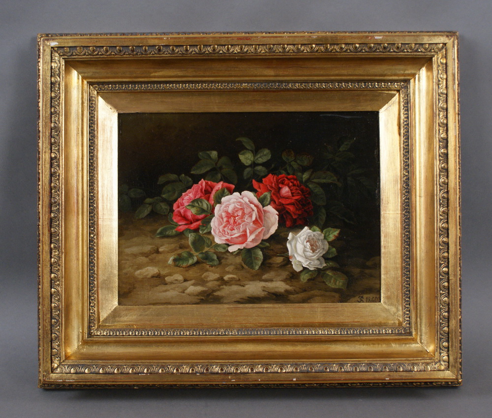 Reserve: 400 EUR        BLUMEN STILLEBEN 1860, Öl/Holz, Darstellung rot, rosa und weiß farbener