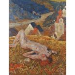 EMMERICH SANDIG (1893-1973) Öl/Hartfaser, Aktdarstellung einer Dame, bei herbstlicherStimmung, mit