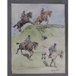 PFERDE TURNIER Aquarell, Darstellung von vier Reitern bei einem Geländeturnier, bezeichnetLudwig