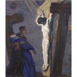 CHRISTUS AM KREUZ Öl/LWD, dunkle Darstellung des Heilands am Kreuz, wohl Franz Trenk,besch., H 94