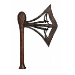 A SONGYE AXE AND A KUBA KNIFE  The axe with flared iron blade with cast masks in relief, copper-