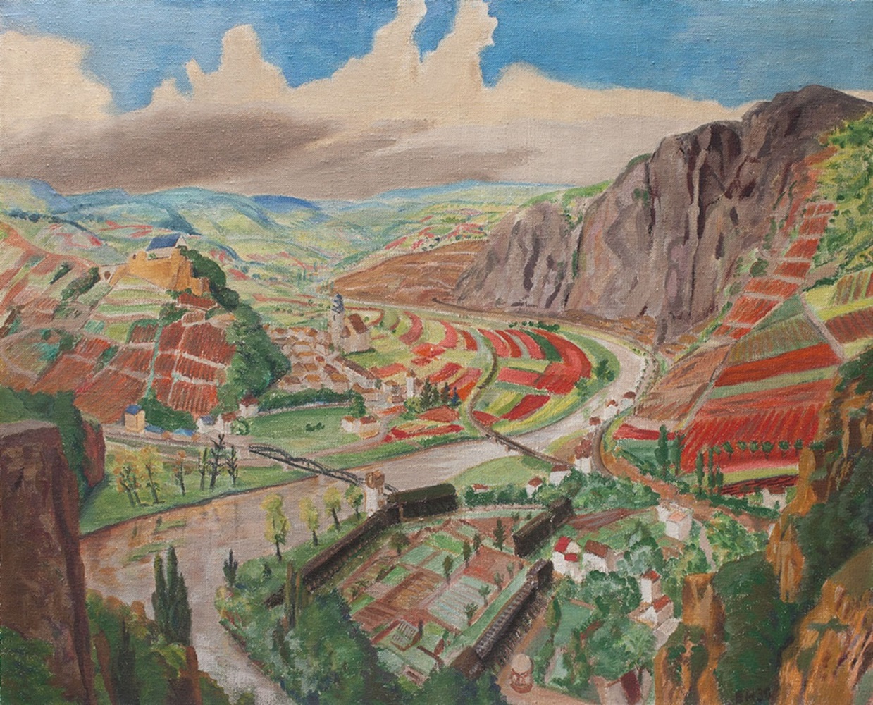 Erich HeckelLandschaft im Nahetal  Oil on canvas, mounted on panel. 96 x 120 cm. Framed. Monogrammed