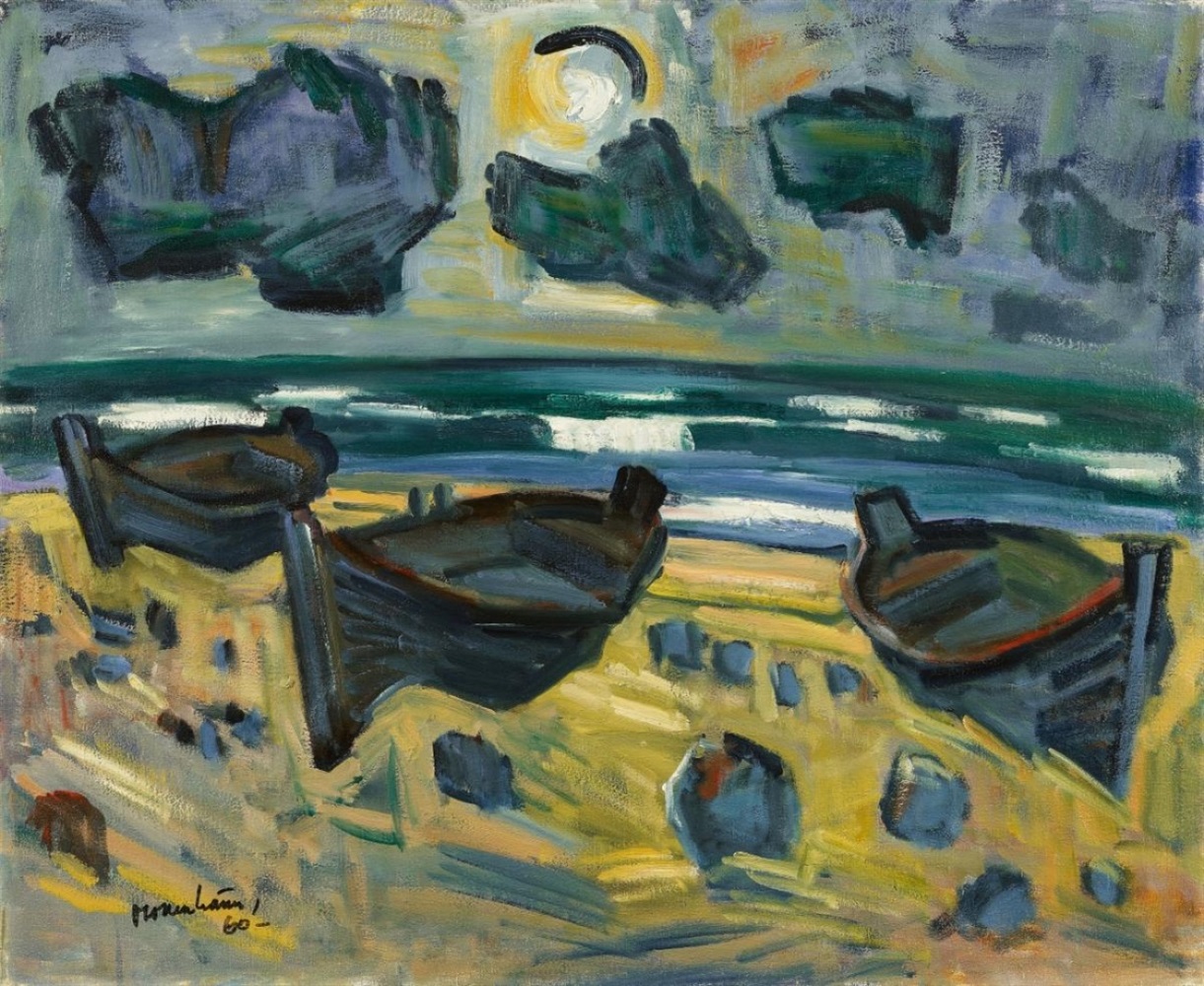 Ernst MollenhauerDrei Boote am Strand (Kurische Nehrung) Oil on canvas. 70 x 85.5 cm. Framed. Signed