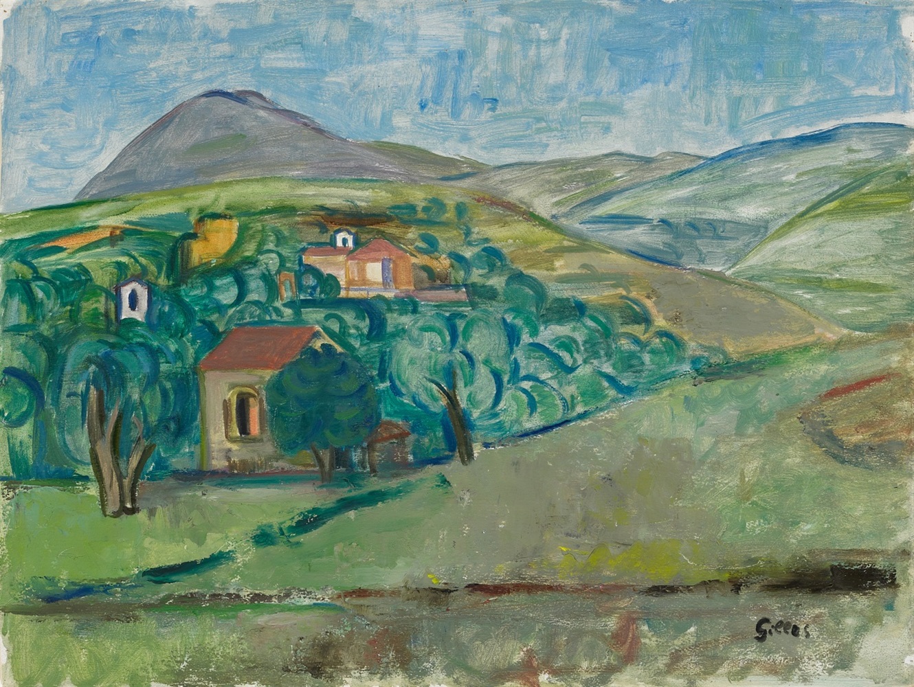 Werner GillesLandschaft (Palinuro) Oil and tempera on light card. 47.7 x 68.3 cm. Framed under