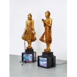 Nam June PaikTemple guards  2 gold-plated wooden sculptures on wooden plinth, painted with acrylic