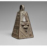 A YORUBA BRASS BELL FOR OGBONI Of tapered quadrangular form, finely case on one side with a