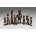 EIGHT MBALA POWER FIGURES One with Janus head on rectangular base, the others each carved as a