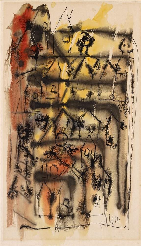 Fritz WinterUntitled (Häuser) Watercolour and India ink on paper. Approx. 48 x 32 cm. Matted.