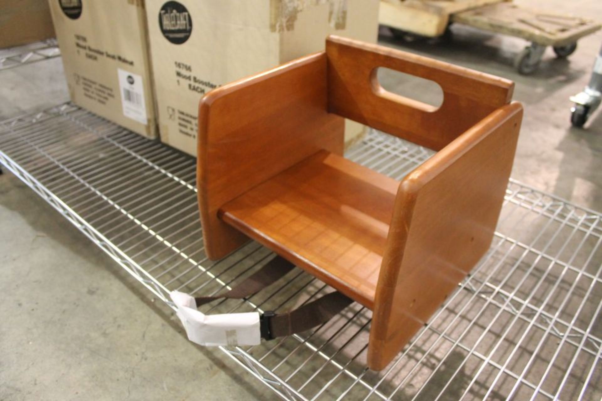 Tablecraft booster seats, lot of (3) wood, walnut finish, model 16766 NEW one open