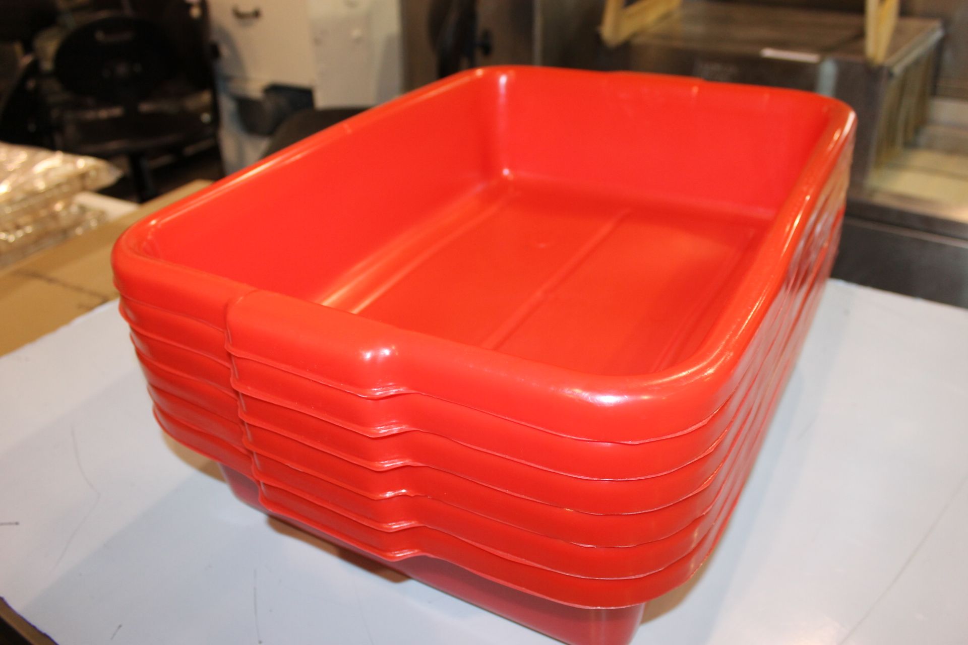Tote Boxes, 22"W x 15-3/4"D x 5-1/4"H, heavy duty polyethylene, red - lot of 6