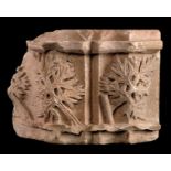 Finely sculpted corner capital depicting three branches with leaves.  Spain. Gothic.  14th-15th