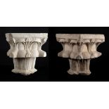 Two limestone capitals sculpted with a leaf motif on two tiers.  Spain.  13th – 14th century.