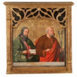 Spanish school. Circa 1500.   "Saint Peter and Saint Paul"  Tempera painting on board with a gold