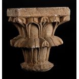 Sculpted ochre limestone capital in two tiers with leaf designs.  Spain.  13th – 14th century.    23