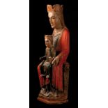 " The Virgin in Seat of Wisdom (Sedes Sapientiae)". Polychrome resinous wood carving in blue, red,