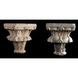 Two limestone capitals sculpted with a leaf motif on two tiers.  Spain.  13th – 14th century.